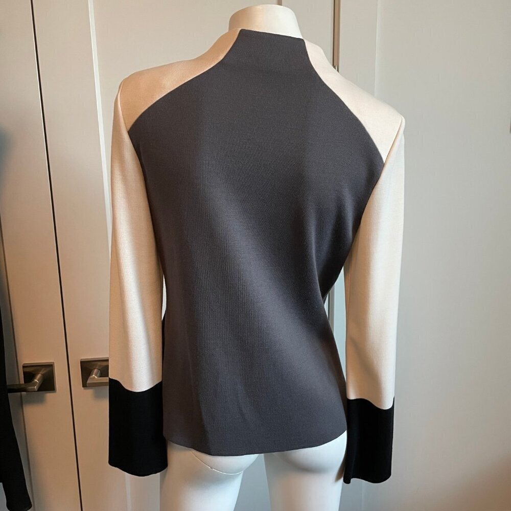 St. John Colorblock Full Zip Wool Rayon Knit Cardigan Blue Cream Grey Blk Sz 4 - Picture 7 of 12
